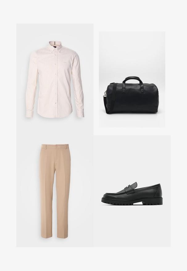 Világos színű, gombos ing, finom függőleges csíkokkal világos rózsaszín és fehér színben, hegyes gallérral és egygombos mandzsettával.; Sima anyagból készült bézs nadrág, egyenes lábú fazonnal, elöl gombos záródással és finom hajtott részletekkel az elején.; Fekete bőr loafer cipők kerek orral, varrott mintázattal, alacsony platformtalpú és texturált, barázdált gumitalppal.; Fekete sporttáska textúrált szintetikus anyagból. Két fogantyúval és állítható vállpánttal rendelkezik. Egyszerű kialakítás, látható minták nélkül.