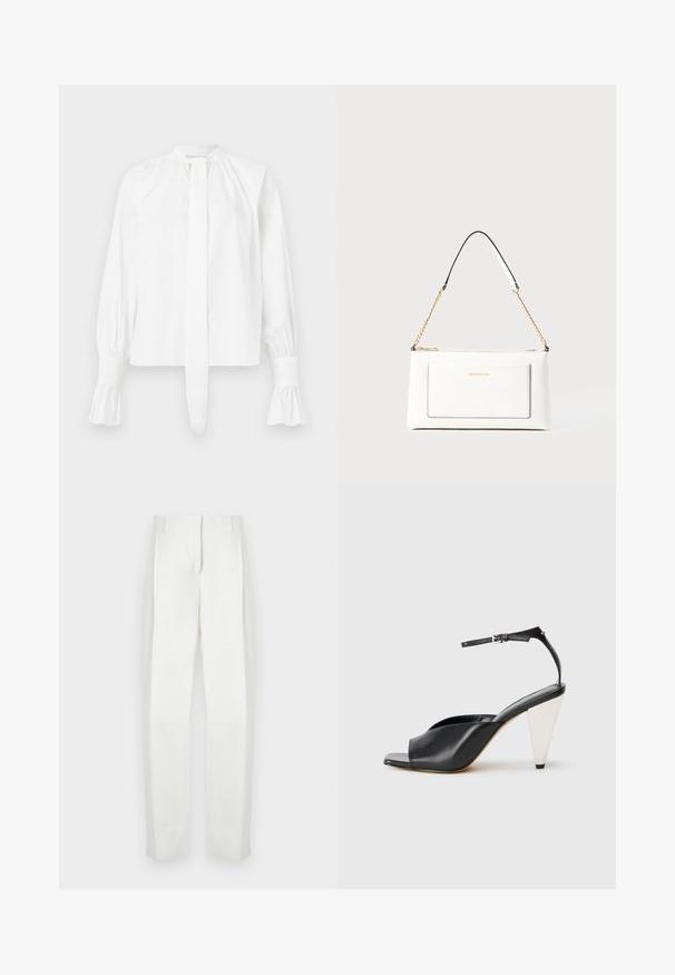 Blusa bianca a maniche lunghe in cotone con colletto alla cinese, dettaglio a fiocco e polsini arricciati. Texture liscia e design minimalista.; Paul Smith Pantaloni - white; Sandal con tacco alto in pelle nera, con punta aperta, design asimmetrico, cinturino alla caviglia e tacco metallico a forma di cono. Texture liscia.; Borsa a tracolla bianca in pelle con un finish testurizzato, dotata di una tracolla in catena dorata e accenti neri. Include una tasca frontale e una chiusura con zip.