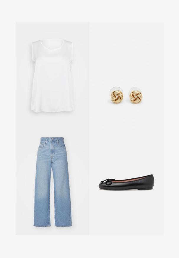 Hvit utenermet topp med en jevn tekstur, v-hals og avslappet passform. Lett buet kant og sidesplitter for forbedret bevegelse.; Hvit langermet skjorte med vid halslinning, laget av mykt og glatt materiale. Har en tettsittende design og en cropped kant.; Lys blå høytlivs vide jeans med knapp- og glidelås lukking foran, foran og bak lommer, på en hvit bakgrunn.; Sorte lær ballet flats med rund tå, har en dekorativ sløyfe og glatt tekstur. Minimalistisk design med lav, flat såle.; Gullfarget knute stud-øreringer med en vridd design. Hver ørering har en sirkulær klar bakside for sikker bruk.