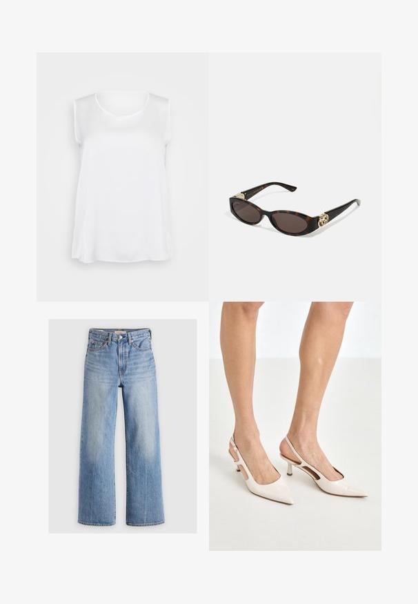 Valkoinen hihaton paita, jossa on sileä rakenne, V-pääntie ja rento istuvuus. Hiukan kaareva helma ja sivuraot liikkuvuuden parantamiseksi.; Vaaleansinisiä leveälahkeisia farkkuja, joissa on korkea vyötärö, haalistuneita kohtia, viisi taskua ja kontrastiväriset tikkaukset. Klassinen nappi- ja vetoketjusulku.; Beige patenttaja nahkaslingback-korkokengät, joissa on teräväkärkinen muotoilu ja 5 cm:n korko. Kenkäparissa on leikattuja reunoja ja ohut nilkkaremmi.; Silmärilakkiset tortoiseshell-aurinkolasit, joissa on pitkänomaiset ovaalit linssit, ruskea sävy, kultaiset logo-koristeet temppeleissä ja sulavalinjaiset mustat varret.; Korvakorut, joissa on kultaiset pyörteet ja kirkas tausta, joissa on teksturoituja kultakoristeita ja pieniä kirkkaita jalokiviä upotettuna muotoiluun.