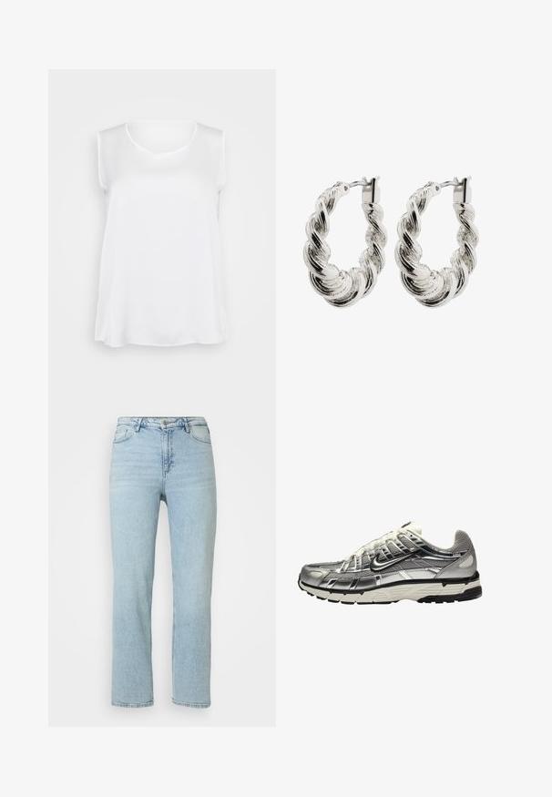 Top bianco senza maniche con texture liscia, scollatura a V e vestibilità comoda. Orlo leggermente curvo e spacchi laterali per una maggiore libertà di movimento.; Jeans in denim blu chiaro a gamba dritta con chiusura anteriore a bottoni e zip, passanti per cintura e design classico a cinque tasche.; Scarpa atletica argento e nera con tomaia in mesh e sintetico, design voluminoso e finitura testurizzata. Presenta un colletto imbottito e suola in gomma.; Orecchini a cerchio in argento stilizzato con una finitura lucida, caratterizzati da una texture intrecciata e una chiusura a molla sicura.