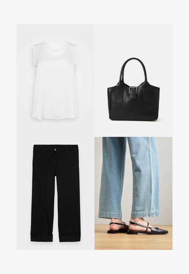 Top alb fără mâneci, cu o textură fină, decolteu în V și croială lejeră. Margine ușor curbată și găuri laterale pentru o mișcare îmbunătățită.; Pantaloni negri din bumbac cu croi drept, având buzunare frontale, închidere cu un nasture auriu și manșete răsucite. Textură netedă.; Pantofi slingback din piele neagră, cu vârf ascuțit, toc plat și curea la gleznă; purtați cu blugi cu picioare late, de culoare albastru deschis.; Geantă tote din piele neagră cu textură netedă, formă structurată, două mânere și un detaliu proeminent din aliaj de argint pe partea din față.