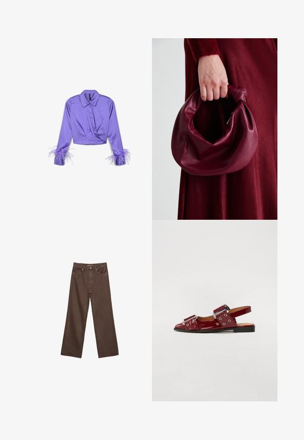 Lila Satin-Crop-Shirt mit einem gekleideten Kragen und langen Ärmeln, die mit Federakzenten an den Bündchen verziert sind. Glatte Textur und taillierte Passform.; Weite braune Jeans aus Denim, mit hoher Taille, Fronttaschen und klassischem Knopfverschluss. Glatte Textur mit feinen Nähten.; Burgunderfarbene Lackleder-Slingbacks mit spitzer Zehe, ausgestattet mit zwei verstellbaren Riemen mit Schnallen und silberfarbenen Akzenten.; Burgunderleder-Handtasche mit einem weichen, gerafften Design und einer gerundeten Form. Der Griff ist gesichert und zeigt eine glatte Textur.