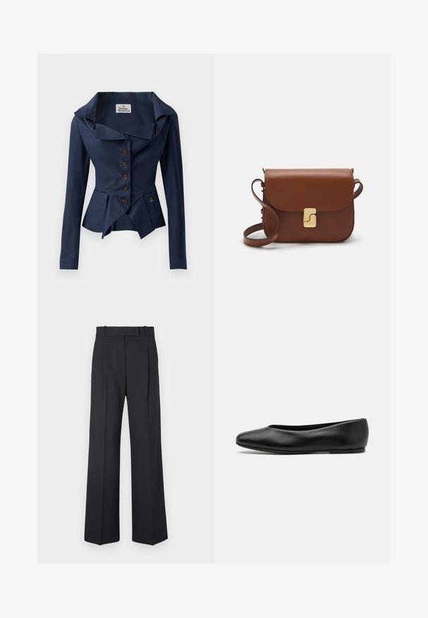 Veste marine avec un col oversize, manches longues, boutons à l'avant, ourlet peplum et petit détail brodé près de la taille. Tissu texturé.; Pantalons rayés bleu foncé à taille haute, avec une coupe large et sans matériel ni embellissements visibles. Texture lisse et ajustement ajusté.; Paul Smith TOPANGA - Ballerines - black; Sac à main en cuir marron avec une fermeture à rabat, des accents en métal doré, une bandoulière et une texture lisse. Forme rectangulaire compacte.