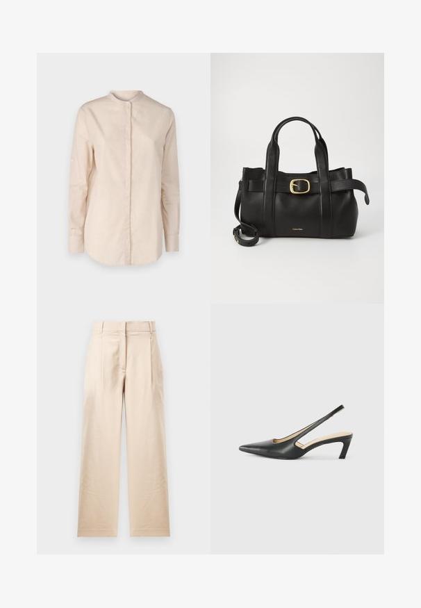 BOSS BEFELIZE - Palaidinė - open orange; Smėliniai kelnių pagaminti iš lygios medžiagos. Turi tiesią pynimą, plokščią priekį ir dvi raukšles. Nėra matomų raštų ar metalinių detalių.; Juodas smailus slingback batelis su žemu kulnu, pagamintas iš lygaus odos paviršiaus ir su išpjovomis šone, užtikrinančiomis oro pralaidumą.; Juodas odinis rankinės maišas su struktūrizuotu dizainu, dviem viršutinėmis rankenomis, auksinės spalvos sagtimi ir iškilniu prekės ženklu priekyje.