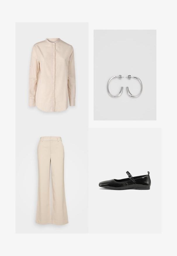 BOSS BEFELIZE - Blusa - open orange; Pantalones de pierna ancha beige con una textura suave, que presentan una cintura alta y dos bolsillos frontales. Diseño limpio con un ajuste entallado.; Zapato plano de charol negro con punta afilada, correa en el tobillo con hebilla y una textura suave y brillante. Tacón bajo para mayor comodidad.; Aros de plata en forma de aro con un acabado liso y brillante. Diseño redondeado y ligero, con cierre de tipo post-back.