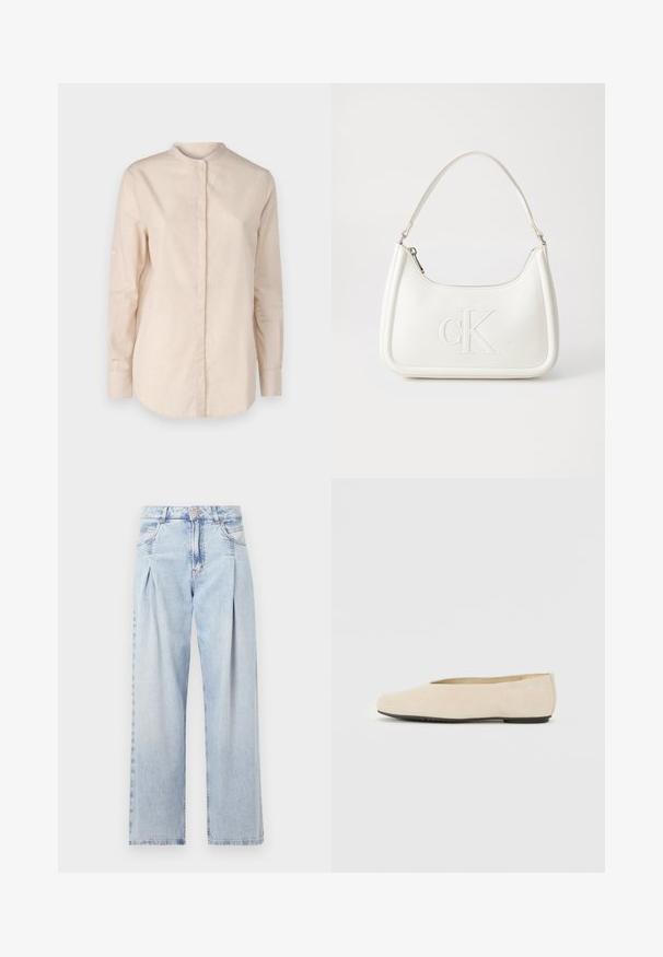 BOSS BEFELIZE - Blúz - open orange; Világoskék farmernadrág magas derekú, bő szabású, két oldalsó zsebbel és pliszírozott dizájnnal. Puha tapintású, elhalványított felület.; Beige velúr balettcipő lekerekített orral, lapos talppal és minimális dizájnnal. Simaszerkezet és látható fém vagy díszítés nélkül.; Fehér bőrtáska ívelt formájú, elöl feltűnő "CK" logóval, egyetlen vállpánttal. Cipzáras zárás a tetején.