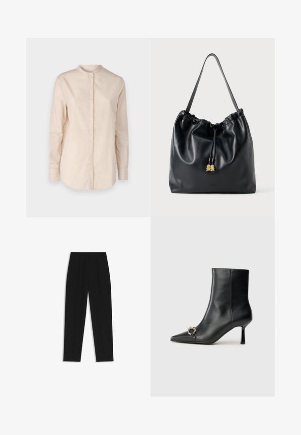 BOSS BEFELIZE - Blus - open orange; Svarta byxor med rak passform, med dubbla fickor, en slät yta och en klassisk midje-design. Ingen synlig hårdvara eller detaljer.; Svart läderankelboot med spetsig tå, smal medelhög klack och silverfärgad spänndetalj på sidan mot en enfärgad bakgrund.; Svart läderdragstringväska med en slät yta, samlad topp och subtila guldfärger. Har ett enda robust handtag och präglad logotyp.