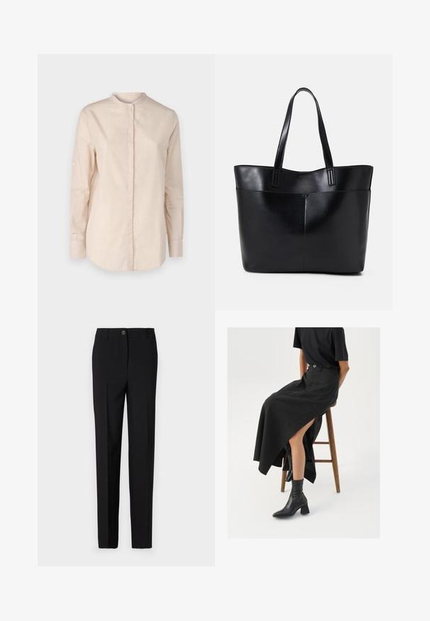 BOSS BEFELIZE - Bluse - open orange; Schwarze, maßgeschneiderte Hose mit geradem Bein, ausgestattet mit einem Knopfverschluss und Gürtelschlaufen, aus glattem Stoff gefertigt.; Schwarzer Leinen-Maxi-Rock mit hohem Schlitz, getragen mit einem schwarzen T-Shirt und schwarzen Knöchelstiefeln. Minimalistisches Design mit lockerer Passform.; Schwarze Leder-Shopper-Tasche mit zwei langen Griffen, einer glatten Textur und einer strukturierten Form. Verfügt über eine Vordertasche für zusätzlichen Stauraum.