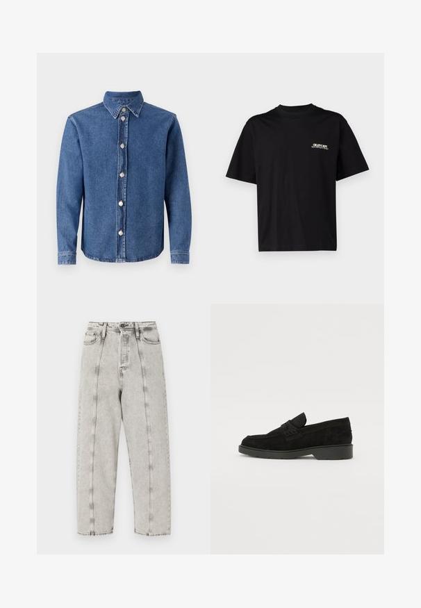 Keskmise sinise tooni denimipaitava särk, millel on avatud krae, pikad varrukad ja hõbedased nööbid ees. Omab sileda tekstuuri.; Must musta T-särk lühikeste varrukatega, ümar kaelus ja valge ja kuldse tekstiga vasakul rinnal trükk, millel on mugav lõige.; Halli kõrge vöökohaga teksad, mis on laia lõikega, sirge jala disainiga, nähtavate õmblustega ja kulunud tekstuuriga.; Mustad sametist loafers madala kontsaga, millel on lihtne riba ülaservas ja tekstuuritud detailid külgedel.