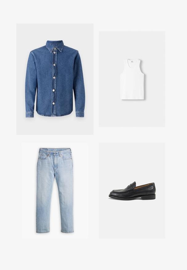 Jeans srajca v srednje modri barvi z razširjenim ovratnikom, dolgimi rokavi in srebrnim gumbom za zapiranje spredaj. Ima gladko teksturo.; Bela bombažna majica brez rokavov z okroglo izrezom, širokimi naramnicami in ravnim robom, ki se ponaša z gladko teksturo in brez vidnih vzorcev.; Svetlo modri traper hlače z ravnim krojem, pet žepov in kontrastnim šivom. Zaklepanje z gumbom in zadrgo v pasu.; Črne usnjene loafers cipele z gladko površino, zaobljenim nosom in dekorativnim šivom na vampu. Nizek zloženi peti in rahla sijaj.