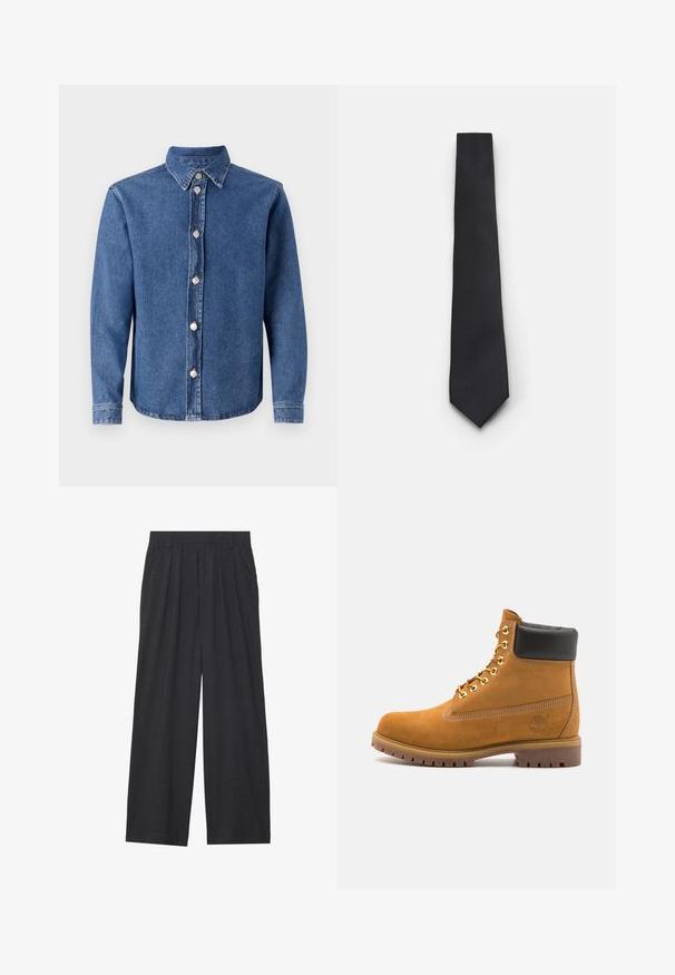 Džínová košeľa v stredne modrej farbe so širokým golierom, dlhými rukávmi a strieborným zapínaním na gombíky po celej prednej strane. Má jemnú textúru.; Široké nohavice vyrobené z tmavosivej látky. Majú prešívanie v páse, prispôsobený strih a rovný silueta.; Tyrkysové semišové členkové topánky s čiernym polstrovaným golierom, zlatými kovovými očkami, bielym prešívaním a robustnou gumovou podrážkou s výraznými drážkami.; Úzka čierna kravata s textúrovaným, diagonálnym ryhovaným vzorom. Má špicatý koniec a hladký povrch. Vhodná na formálne nosenie.