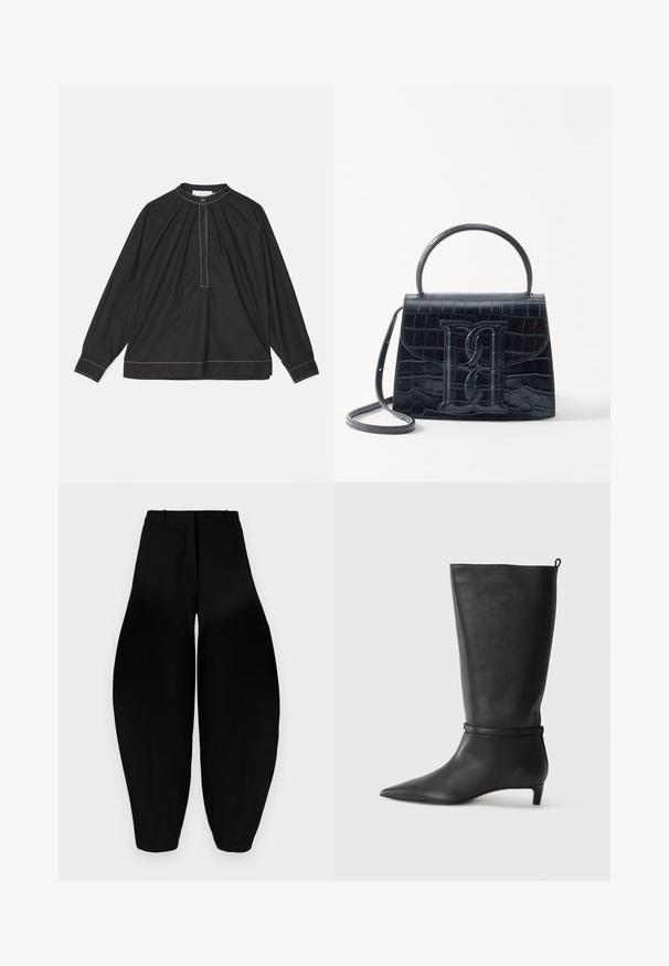 Blusa nera a maniche lunghe in tessuto leggero, caratterizzata da un davanti arricciato, collo con bottoni e cuciture bianche a contrasto lungo l'orlo e i polsini.; Pantaloni neri a gamba larga con vita alta, fronte plissettato e caviglie affusolate. Realizzati in tessuto liscio con finitura opaca.; Stivale in pelle nera alta fino al ginocchio con punta affusolata, adornato da una fascia circolare attorno alla caviglia e un tacco basso e conico. Texture liscia.; Borsa in pelle nera con incisione a forma di coccodrillo, dal design strutturato, dotata di manico superiore, tracolla regolabile e un evidente dettaglio logo frontale.