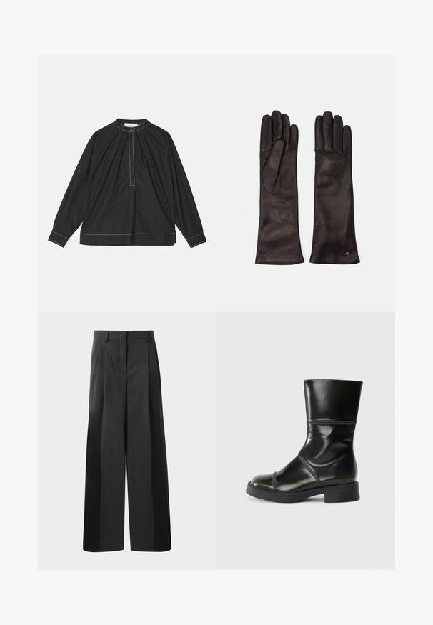 Czarna bluzka z długim rękawem w lekkim materiale, z marszczonym przodem, zapinanym dekoltem oraz kontrastowym białym przeszyciem na dolnej krawędzi i mankietach.; Czarne szerokie spodnie z wysokim stanem, z przodu z fałdami, o gładkiej fakturze i dopasowanym wykończeniu. Zaprojektowane z myślą o luźnym kroju.; Czarne skórzane botki za kostkę z okrągłym noskiem, gładkim wykończeniem, kontrastowym szwem i słupkowym obcasem, o lekko zwężającej się sylwetce.; Weekend Max Mara - Rękawiczki pięciopalcowe