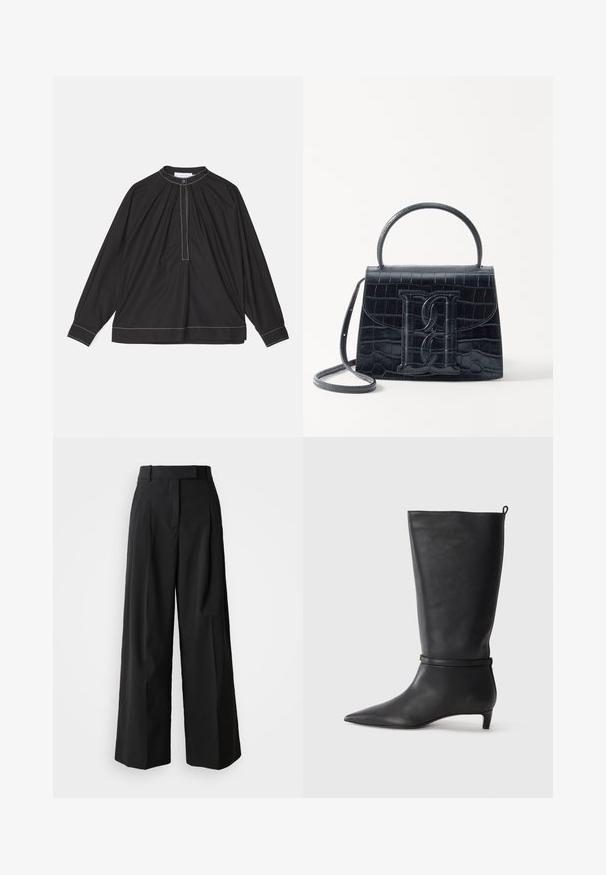 Blusa nera a maniche lunghe in tessuto leggero, caratterizzata da un davanti arricciato, collo con bottoni e cuciture bianche a contrasto lungo l'orlo e i polsini.; Pantaloni neri a gamba larga realizzati in un tessuto liscio con vita alta, caratterizzati da due pieghe frontali e un design sartoriale.; Stivale in pelle nera alta fino al ginocchio con punta affusolata, adornato da una fascia circolare attorno alla caviglia e un tacco basso e conico. Texture liscia.; Borsa in pelle nera con incisione a forma di coccodrillo, dal design strutturato, dotata di manico superiore, tracolla regolabile e un evidente dettaglio logo frontale.