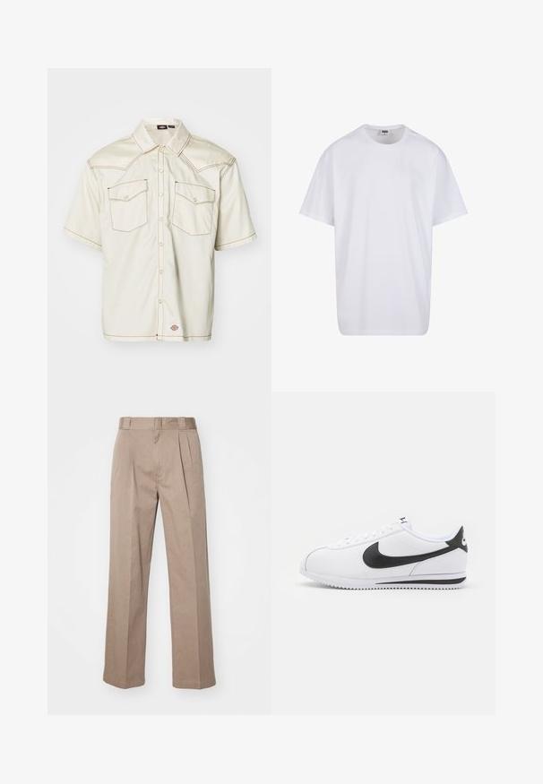 Camicia a maniche corte con bottoni in tessuto beige, dotata di due tasche a patta, cuciture marroni a contrasto e orlo arrotondato.; Maglietta bianca in cotone con maniche corte, scollatura rotonda, vestibilità comoda e senza loghi o motivi visibili. Texture liscia e design minimale.; Pantaloni beige a vita alta con un design a gamba larga. Presentano due pieghe frontali e una texture liscia. Lunghezza standard con una finitura pulita.; Sneaker in pelle bianca con logo Nike nero, lacci piatti e suola in gomma testurizzata. Punta arrotondata e collare imbottito per il comfort.