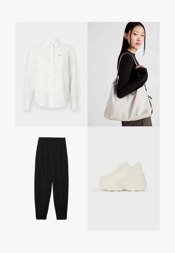 Camisa branca de manga longa feita de um tecido leve, com colarinho abotoado, dois bolsos no peito e um pequeno logotipo do lado esquerdo.; Calças pretas, leves, com um cinto elástico e punhos franzidos. O tecido é suave e apresenta um design relaxado e afunilado.; Tênis brancos de plataforma com um cabedal suave semelhante a couro, formato arredondado, colarinho acolchoado e sola de borracha texturizada com ranhuras bem definidas.; Uma bolsa bege feita de material macio, com um design descontraído, detalhes de costura e duas alças para o ombro. Adequada para uso diário.