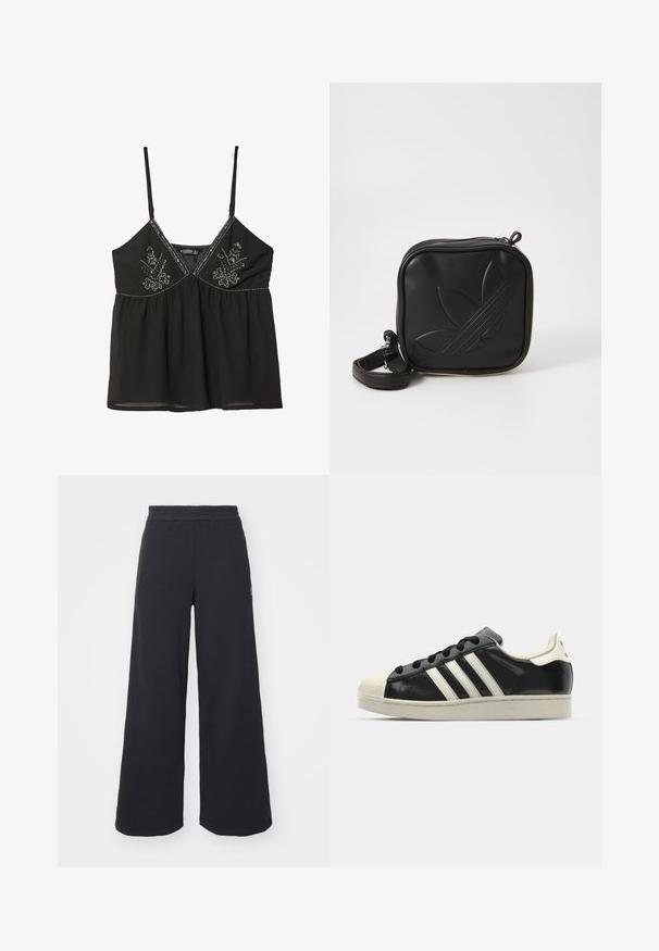 Schwarzes Camisole-Top mit dünnen Trägern, verziert mit aufwendiger silberner Stickerei und einem gerafften Taillenbereich. Leichter Stoff, lockere Passform.; Schwarze weite Sweatpants aus weichem Material, mit einem elastischen Taillenbund und einem kleinen Logo auf der linken Seite.; Schwarze Ledersneaker mit weißen Streifen, Gummikappe, schwarzen Schnürsenkeln und einer cremefarbenen Sohle. Glatte Textur mit glänzender Oberfläche.; Schwarze Umhängetasche aus strukturiertem synthetischem Material. Verfügt über ein eingeprägtes Logodesign und einen verstellbaren Riemen. Mit Reißverschluss geschlossen.