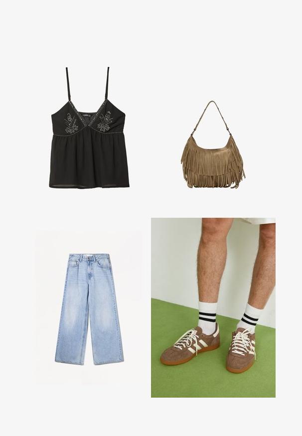 Czarna koszulka na ramiączkach z cienkimi paskami, z misternymi srebrnymi haftami i marszczonym pasem. Lekka tkanina, luźny krój.; Bershka WIDE jasnoniebieski denim; Brązowe zamszowe sneakersy z białymi akcentami i sznurówkami. Gumowa, brązowa podeszwa. Noszone z białymi skarpetkami w czarne paski. Zielona teksturowana podłoga.; Brązowa torebka z zamszu z długimi frędzlami, o zakrzywionym kształcie i pojedynczym paskiem na ramię. Posiada gładką, teksturowaną powierzchnię.