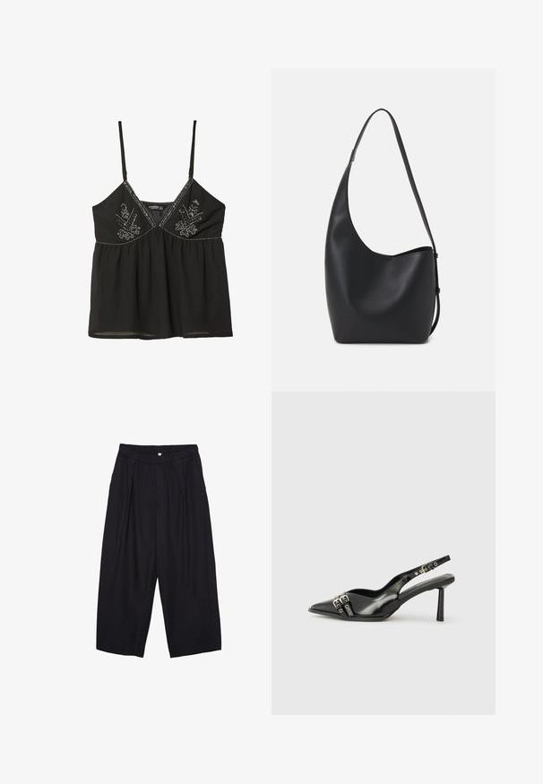 Top in raso nero con spalline sottili, caratterizzato da un intricato ricamo argento e una vita arricciata. Tessuto leggero, vestibilità comoda.; Pantaloni culotte neri in poliestere con una cintura elastica, due pieghe frontali e una silhouette ampia. Nessun motivo visibile o dettagli in metallo.; Scarpa slingback in vernice nera con punta affusolata, cinturini alla caviglia con fibbie in argento e accessori, e tacco sottile.; Borsa hobo nera in pelle con una superficie liscia, forma curvata e una singola tracolla regolabile; presenta un'ampia apertura nella parte superiore.