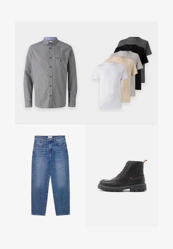 Szara koszula w kratę z długimi rękawami, z kołnierzykiem zapinanym na guziki, kieszenią na piersi i kontrastującym jasnoniebieskim wewnętrznym kołnierzem. Posiada brązowe guziki.; Zestaw pięciu t-shirtów z krótkim rękawem w kolorach białym, beżowym, jasnoszarym, ciemnoszarym i czarnym. Wykonane z gładkiej bawełny, z klasycznym dekoltem.; Niebieskie dżinsy o wysokim stanie, prostym kroju nogawki i wyblakłym wykończeniu. Posiadają pięć kieszeni i zapięcie na guzik.; Brązowe skórzane botki za kostkę z okrągłym noskiem, tonowym przeszyciem, solidną czarną gumową podeszwą oraz pomarańczową pętelką na pięcie.