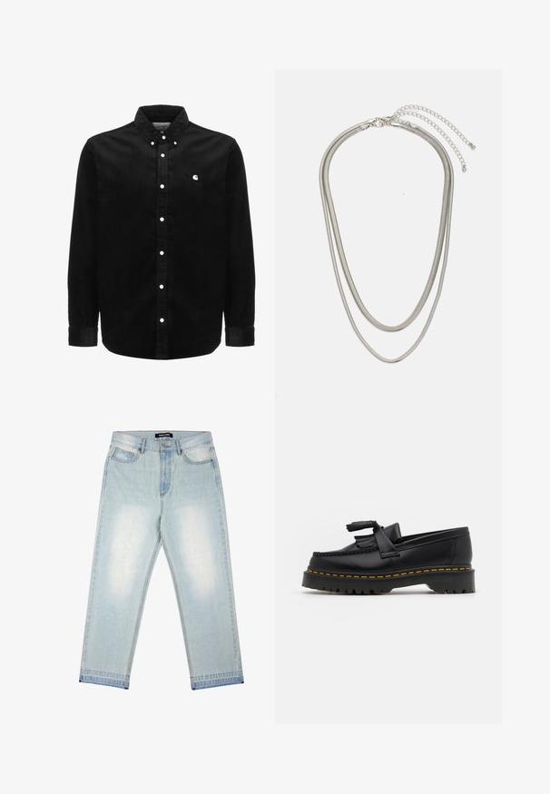 Carhartt WIP MADISON SHIRT - Camicia - black / wax; Pegador BARROW - Jeans loose fit - sand washed blue; Mocassino in pelle nera con un'accento a frange, dotato di una suola nera spessa e cuciture gialle lungo il bordo. Finitura testurizzata.; Collana in metallo argentato a tre strati caratterizzata da catene sottili e flessibili con una leggera lucentezza, fissata con un gancio a molla e una catena regolabile.