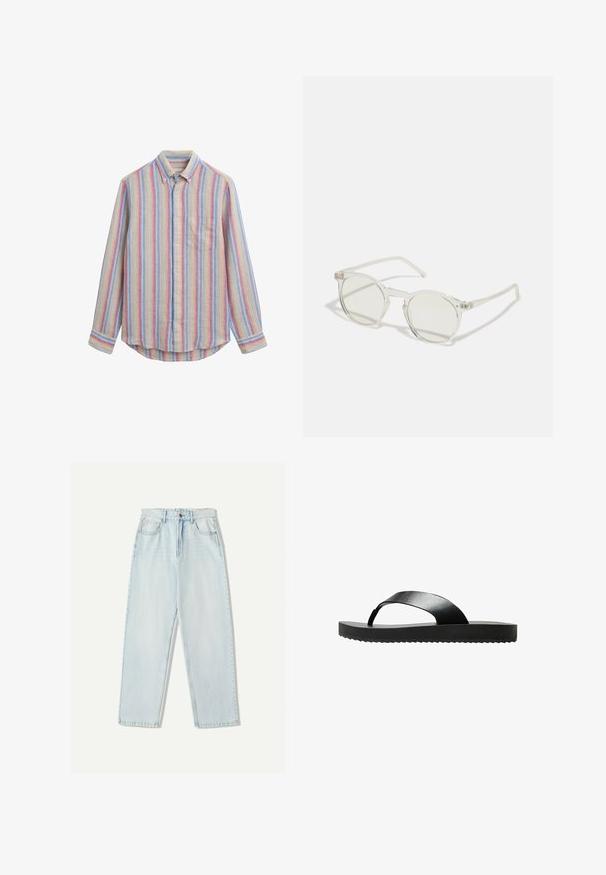 Gestreept overhemd met knopen van een zachte stof in blauw, geel en rode tinten. Heeft een enkele borstzak en een klassieke kraag.; Lichtblauwe denim jeans met een relaxte pasvorm, recht model, vijf zakken en subtiele vervaging in de stof.; Zwarte flip-flop sandaal met een platte zool, gemaakt van een soepel materiaal. Heeft een minimalistisch ontwerp met een enkele band en een textuur aan de onderzijde.; Ronde zonnebrillen met een transparante montuur, lichtgroene lenzen en dunne, transparante pootjes. Bevat subtiele hardware-accenten op het montuur.