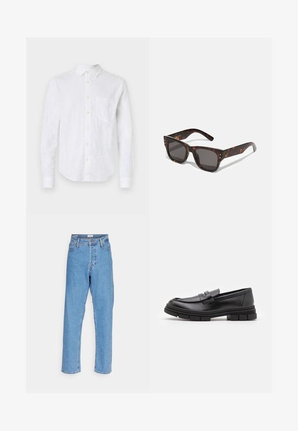 Weißes Leinenhemd mit langen Ärmeln, Knopf-Down-Kragen, Brusttasche und perlmuttfarbenen Knöpfen. Mit abgerundetem Saum und strukturiertem Stoff.; Helle blaue, hoch-taillierte, gerade Jeans mit vorderem Knopf, Reißverschluss, Gürtelschlaufen und Fünf-Taschen-Design auf weißem Hintergrund.; Schwarze Lederloafer mit glatter Oberfläche, ausgestattet mit einem vorderen Riemendetail und einer klobigen Gummisohle mit gerippten Akzenten.; Sonnenbrille aus Schildpatt mit dunklen Gläsern, quadratischem Rahmen und silbernen Akzentnieten auf der Vorderseite. Aus Kunststoff, leicht und langlebig.