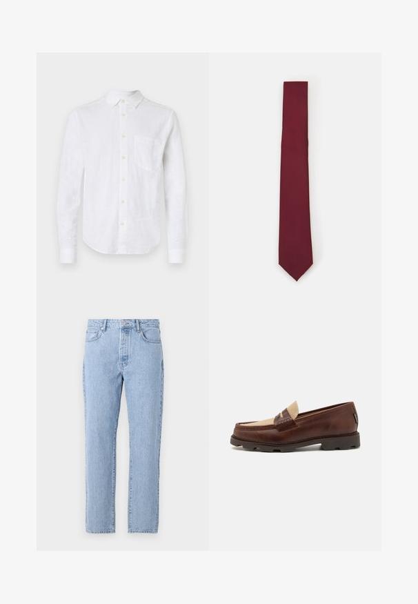 Cămașă albă din in cu mânecă lungă, guler cu nasturi, buzunar frontal și nasturi sidefii. Prezintă un tiv curbat și un material texturat.; Jeans de blugi de culoare bleu deschis, cu un design drept, cinci buzunare și închidere cu buton. Textură moale cu un finisaj clasic, decolorat.; Loaferi din piele maro cu un accent din pânză taupe, detalii cusute și o talpă din cauciuc texturat, proiectați pentru confort și durabilitate.; Cravat din mătase burgundă, cu formă îngustă și textură uniformă. Prezintă o vârf ascuțit, o culoare constantă și un finisaj neted.