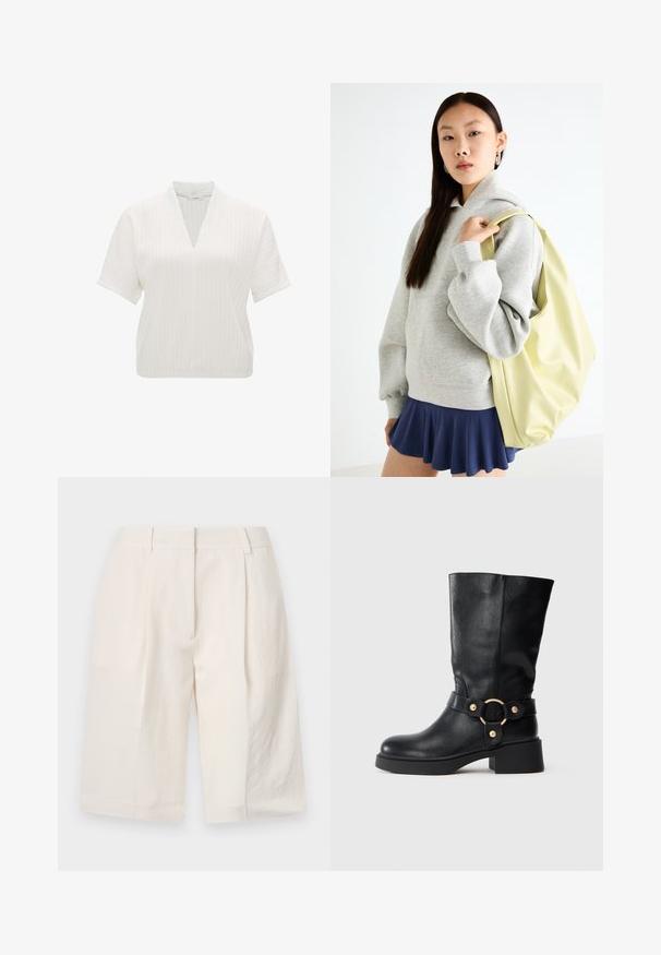 Top bianco a maniche corte con scollo a V, caratterizzato da un motivo testurizzato a righe e una vestibilità rilassata. Design semplice senza ulteriori accentuazioni.; Pantaloni corti bianchi in lino con un design sartoriale, davanti plissettato e aperture ampie sulla gamba. Tessuto morbido e lunghezza a metà coscia.; Stivale in pelle nera a metà polpaccio con tacco spesso e cinturino decorativo dotato di una fibbia circolare dorata su sfondo bianco.; Felpa grigia oversize con tasca a marsupio, abbinata a una gonna svasata blu navy. Accessorio: grande zaino giallo chiaro, di texture liscia.
