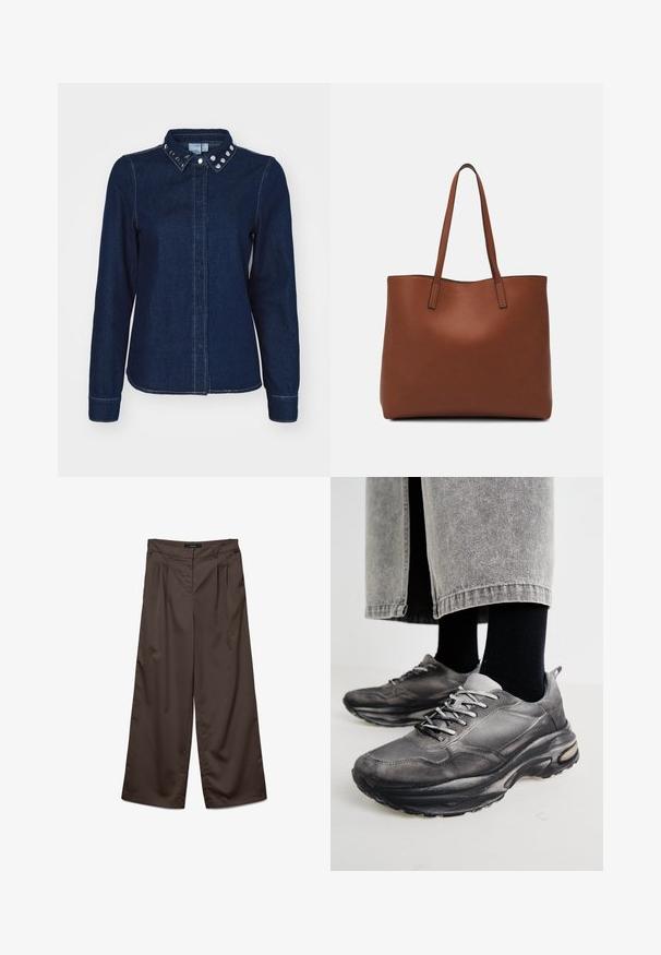 Dark blue denim shirt with long sleeves, pointed collar, and decorative silver studs on the collar. Features a button-down front and straight hem.; Wide-leg trousers in dark brown fabric with a smooth texture. Features include pleats at the front and a standard waistband.; Black and gray athletic shoes feature a mesh upper, thick soles, and laces. They have a rounded toe and visible cushioning detail.; Brown leather tote bag with a smooth texture, open top design, and two shoulder straps. Features minimal stitching and no visible hardware.