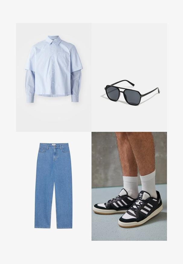 Short-sleeve light blue shirt with a collared neck, featuring a front pocket and long plaid blue sleeves, providing layered visual contrast.; Light blue denim jeans with a straight cut, five-pocket design, single button closure, and subtle stitching details on the seams.; Black and white sneakers with a suede and leather upper, featuring three white stripes, a perforated toe, and a gum rubber sole.; Black sunglases with octagonal frame, dark lenses, glossy finish, thin temples, and gold accents on the front.
