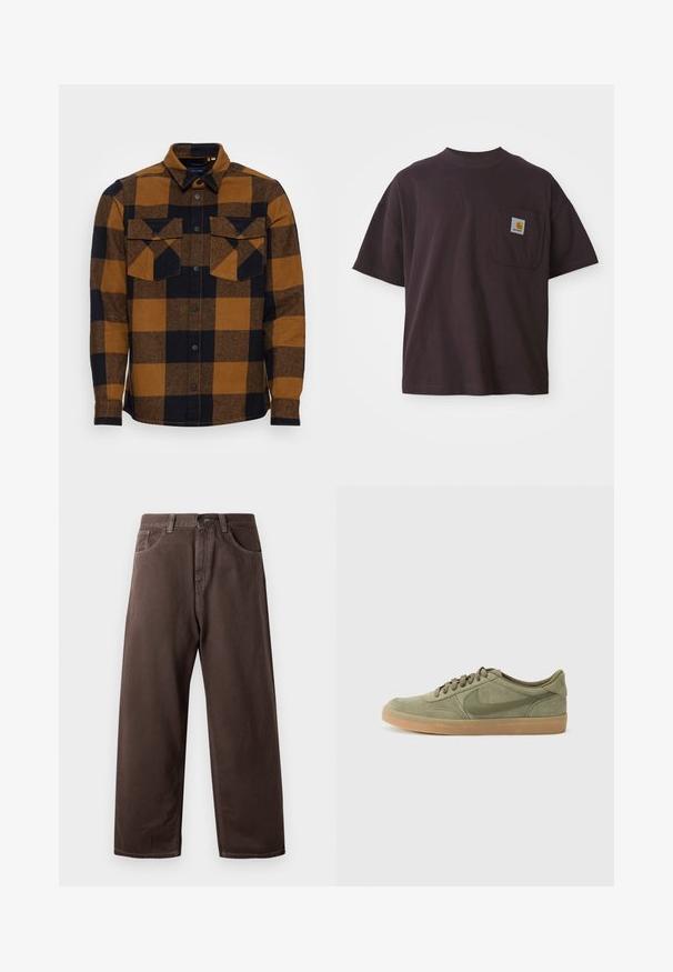 Blend Camisa - monk's robe; T-shirt de manga curta, castanho escuro, feito de algodão, com um bolso no peito com um patch de logotipo quadrado. Gola redonda e corte descontraído.; Calças largas castanhas feitas de algodão, com um desenho clássico de cinco bolsos, fecho zip e detalhes de costura visíveis.; Sapatilhas de camurça verdes com sola de borracha color caramelo, bico redondo e design de atar. Apresenta o logo característico da Nike em verde mais escuro.