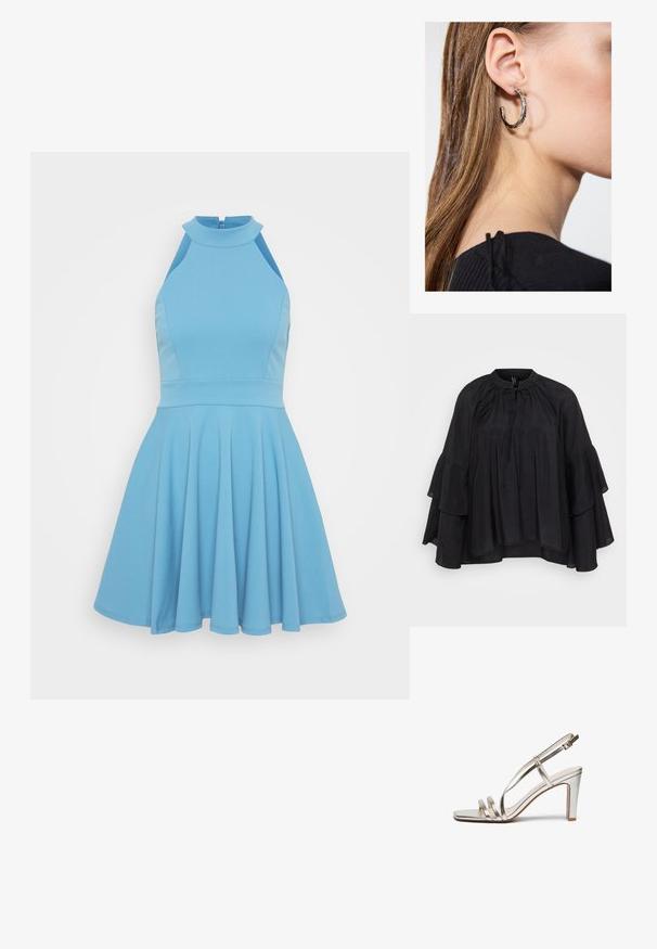 Mustmust värviga pluus, millel on ümmargune kaelus, paeladetail ja kihilised laiad varrukad. Valmistatud kergest kangast, millel on pehme tekstuur.; Heledsinine ilma varrukat dress, millel on kõrge kaelus, kõikuv jope ja laienev seelik. Valmistatud siledast kangas, millel on volditud muster.; Metallilise hõbedase värvi kõrge kontsaga sandaal avatud varbaga, millel on jalas kolm õhukest rihma ja pahkluuring koos kinnitusega.; Kuldne metallist käekott, millel on sile tekstuur ja kolmnurkne klapp. Kotti hoidev käsi on hoolikalt maniküüritud küüntega.; Hõbedane rõngas kõrvarõngas poleeritud viimistlusega, millel on väikesed kuldsed aktsendid ja ümmargune kuju, kantud lobus.