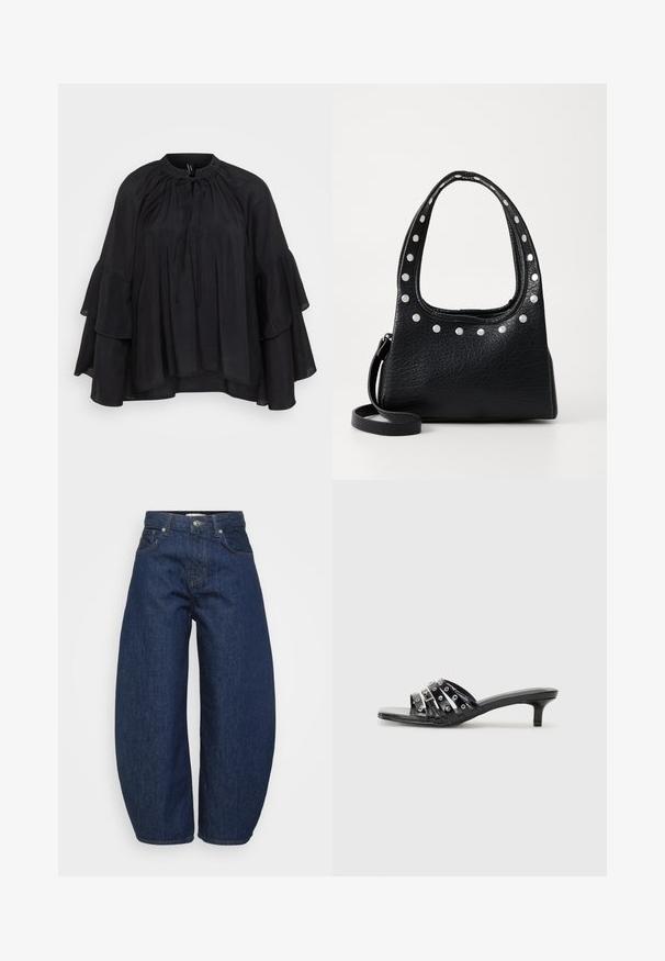 Sort bluse med rund halsudskæring, snoretræk og lagdelte flared ærmer. Fremstillet af letvægtsstof med en blød tekstur.; Mørkeblå denimjeans med en bred, afslappet pasform. Har lynlås, fire lommer og kontrastsyet syning langs sømmene.; Sorte hælede sandaler med flere glossy stropper og metalliske accenter, med en spids tå og beskedne kittenhæle. Glat tekstur.; Sort struktureret lædertaske med sølvnitter langs den øverste kant og håndtagene, der har et kort håndtag og en aftagelig strop.; Sølv hoop ørestik med en poleret overflade, prydet med små guld accenter og en rund form, båret på øreflippen.