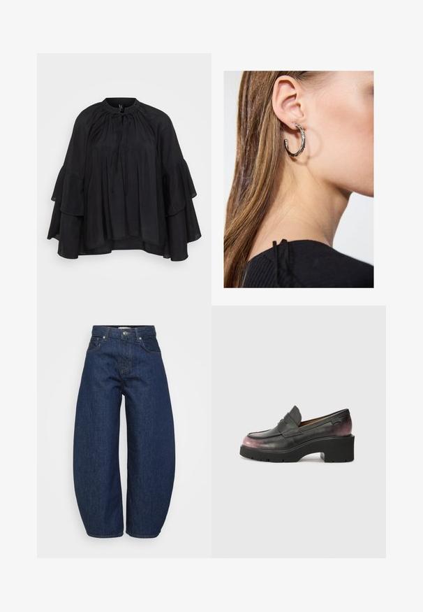 Svart bluse med rund halsutskjæring, snøring i detaljene og lagdelte vide ermer. Laget av lett stoff med en myk tekstur.; Mørkeblå høytalende denimjeans med vide ben, frontknap og glidelås, samt klassisk femlommers design.; Svarte skinnloafers med rund tå, dekorativ stropp og tonalt gradient fra svart til mørk rosa på hælen. Har en kraftig såle.; Sølv ringøredob med en polert finish, med små gull detaljer og en rund form, båret på øreflippen.