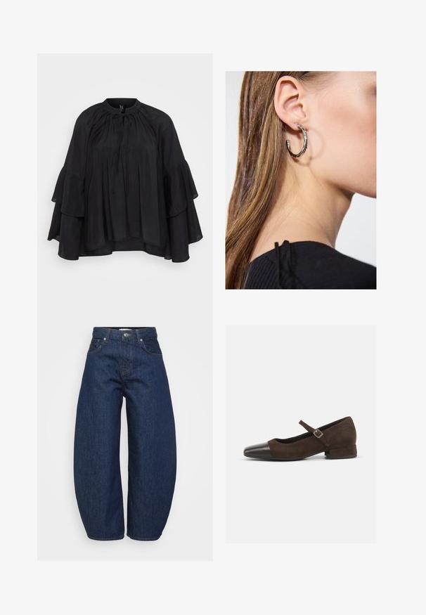 Svart bluse med rund halsutskjæring, snøring i detaljene og lagdelte vide ermer. Laget av lett stoff med en myk tekstur.; Mørkeblå høytalende denimjeans med vide ben, frontknap og glidelås, samt klassisk femlommers design.; Brune suede Mary Jane-sko med en sort patentlæder tåkap, justerbar rem og lav blokhæl. Glat tekstur med minimale detaljer.; Sølv ringøredob med en polert finish, med små gull detaljer og en rund form, båret på øreflippen.