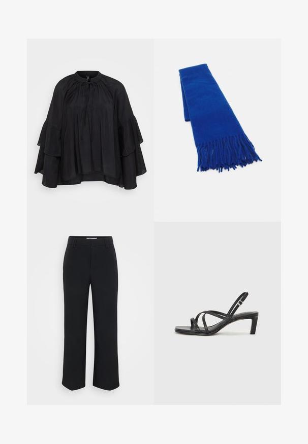 Black blouse with a round neckline, drawstring detail, and layered flared sleeves. Made from lightweight fabric with a soft texture.; Black wide-leg trousers with a smooth texture, featuring a flat waistband and side pockets, designed with a minimalist aesthetic.; Black strappy sandal with a square toe and a low block heel. Features multiple thin straps and an adjustable ankle strap. Made of smooth leather.; Blue woven scarf with fringed ends, smooth texture, rectangular shape, and uniform color throughout. Suitable for cold weather.