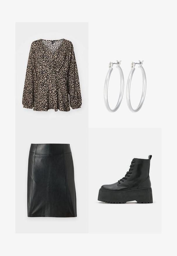 Top de estampado de leopardo en beige y negro. Cuenta con un escote en forma de v, detalles de cintura fruncida y mangas largas y abullonadas. Tejido suave y texturizado.; Minifalda de piel negra con un diseño ajustado. Textura suave, costuras que delinean la forma y un dobladillo recto. Apariencia minimalista y elegante.; Botines negros con suela de plataforma gruesa, hechos de cuero suave, con un diseño de cordones y una lengüeta en la parte posterior.; Pendientes de aro de plata con un acabado liso y pulido. Forma redonda y cierre de click seguro. Diseño ligero adecuado para el uso diario.