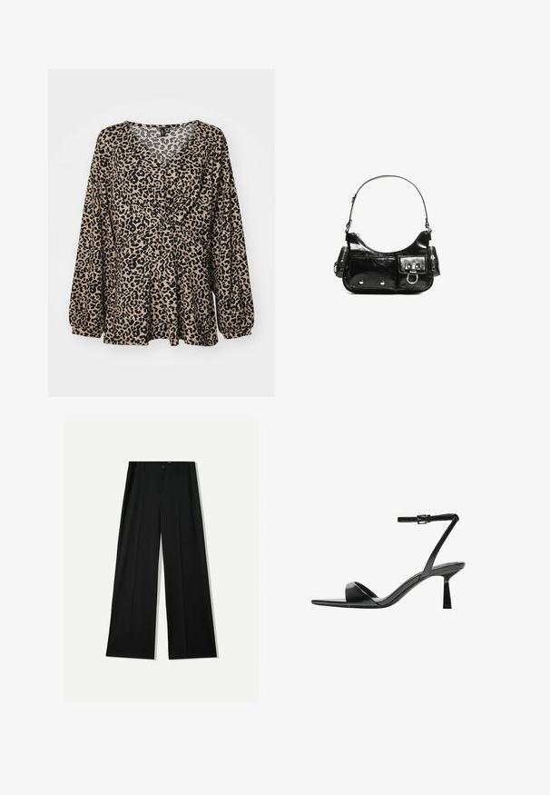 Bež in črna bluzica s leopardjim vzorcem. Ima v-izrez, gubano pasovno podrobnost in dolge, napihnjene rokave. Mehka, teksturirana tkanina.; Bershka WIDE - Hlače - black; Bershka Sandali z visoko peto - black; Črna lakasta usnjena torbica s ukrivljeno obliko, enim ramenskim trakom, sprednjimi žepi in srebrnimi kovinskimi dodatki.