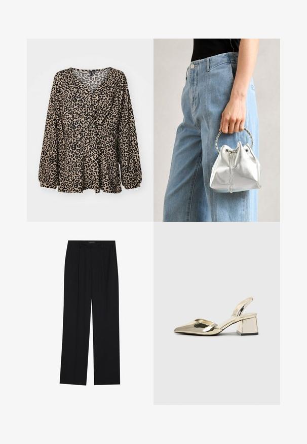 Løvenprint top i beige og sort. Har en v-hals, sammenkrøllet talje og lange, puffede ærmer. Blødt, tekstureret stof.; Sorte bukser med en lige ben-design, der har to forlommer og en talje. Lavet af et glat, let stof.; Guld, metalliske slingback-hæle med spids tå og kraftig hæl. Glat tekstur, minimalistisk design og en smal strop.; Metallic sølv bucket bag med en tekstureret overflade, prydet med et sølv rundt håndtag og snørelukning, holdt mod lyseblå jeans.
