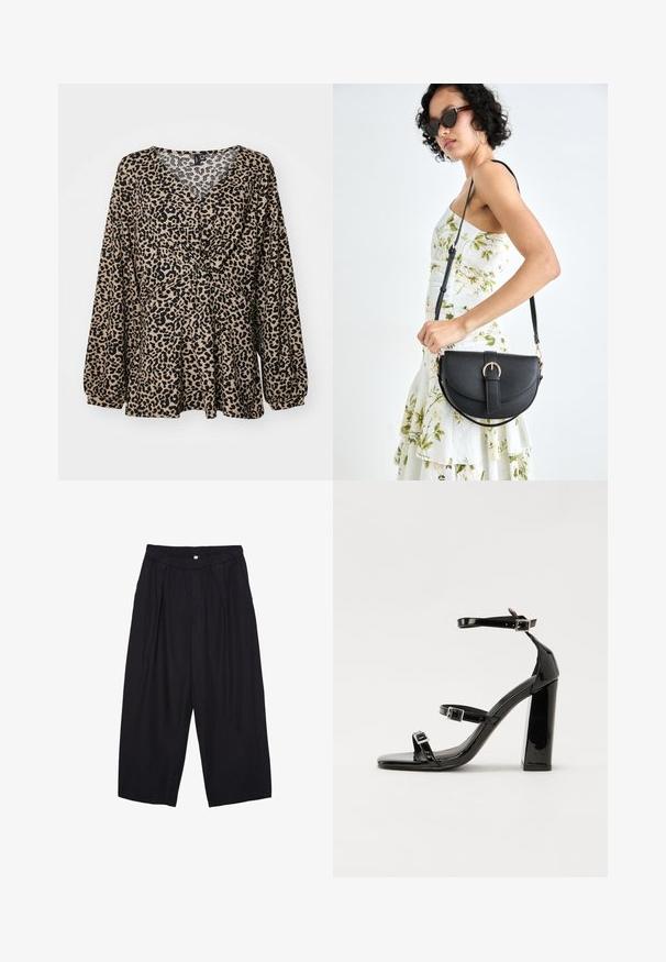Bež i crni top sa životinjskim uzorkom leoparda. Ima dekolte u obliku slova V, skupljenu detalj na struku i duge, napuhane rukave. Mekana, teksturirana tkanina.; Crne poliester hlače culotte s elastičnim pojasom, dva prednja nabora i širokim krojem. Nema vidljivih uzoraka ili metalnih detalja.; Crne lakirane sandale na pete sa kvadratnim nosom, trakama oko gležnja i srebrnim kopčama. Imaju čvrst blok petu za stabilnost.; Crna kožna torba s lukovitim oblikom, odvojivim remenom i zlatnim detaljima. Torba ima preklop s kopčom.