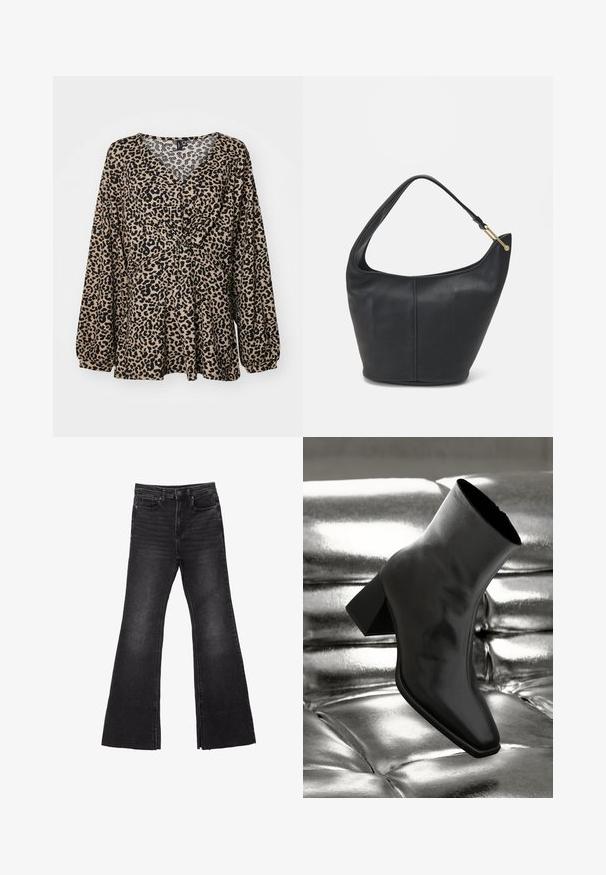 Top w panterkowy wzór w beżowo-czarnych kolorach. Posiada dekolt w serek, zdobienie w talii oraz długie, bufiaste rękawy. Wykonany z miękkiego, teksturowanego materiału.; Czarne dżinsy o rozszerzanym kroju z surowym wykończeniem, z pięcioma kieszeniami i zapięciem na guzik. Wykonane z trwałej, strukturalnej tkaniny.; Czarne botki za kostkę wykonane z błyszczącego materiału, z kwadratowym noskiem i zwężającym się obcasem, na tle błyszczącego srebrnego tapicerowanego tła.; Czarna skórzana torebka o okrągłym kształcie, z szerokim paskiem i teksturowanym wykończeniem. Posiada subtelny detal szwu i akcenty w odcieniu złota.