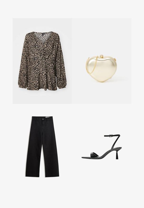 Leopárd mintás felső bézs és fekete színben. V-nyakú, ráncolt derékkal és hosszú puffos ujjakkal rendelkezik. Puha, texturált anyag.; Fekete, bő szabású farmernadrág magas derékkal, elülső és hátsó zsebekkel, varrott felületekkel és gombos záródással. Sima textúra.; Bershka Magas sarkú szandálok - black; Arany fém szív alakú táska lánc pánttal és gyöngy zár részlettel. Simaszerkezet, kompakt kialakítás a kis alapvető dolgokhoz.
