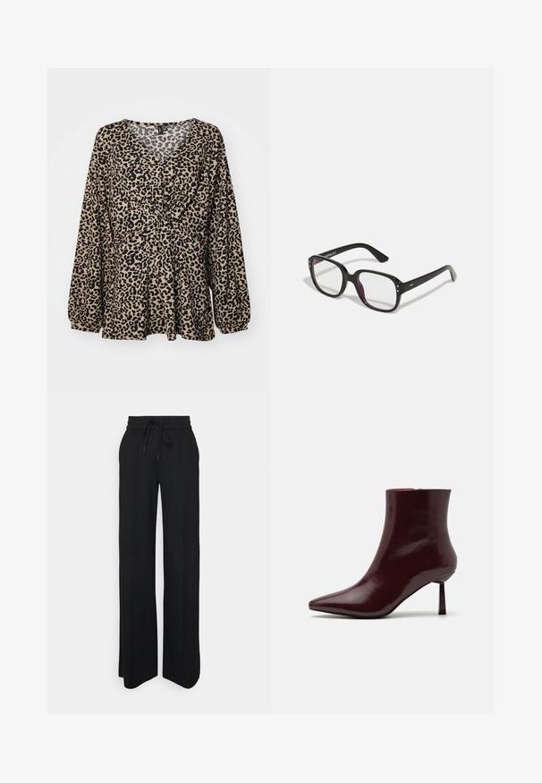 Haut en imprimé léopard beige et noir. Caractéristiques : décolleté en V, taille froncée et manches longues bouffantes. Tissu doux et texturé.; Pantalons larges noirs en tissu doux. Dotés d'une taille élastique avec cordon de serrage, de lignes épurées et sans motifs ni accents visibles.; Bottine en cuir verni bourgogne avec un bout pointu et un talon aiguille Slim, présentant une texture lisse et brillante et un design minimaliste.; Lunettes noires rectangulaires avec des verres transparents, présentant des bords arrondis et des accents sur les côtés, avec une finition brillante sur la monture et les branches.