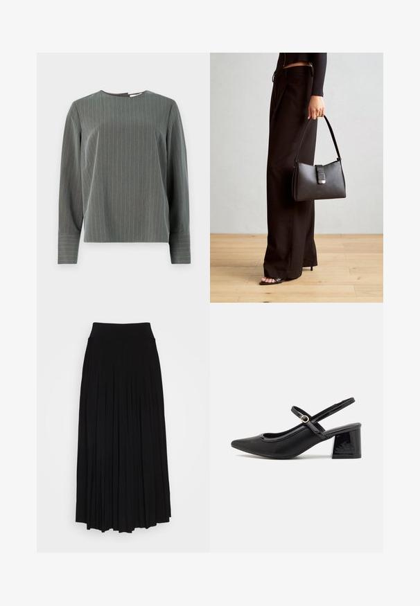 Siva prugasta majica dugih rukava s okruglim izrezom i opuštenim krojem. Vertikalne pruge svijetlosive boje kontrastiraju s tamnijom teksturom tkanine.; Crna plisirana suknja s visokim, rastezljivim pojasom. Izrađena od mekog materijala, s vertikalnim plisama koje stvaraju lepršav siluetu.; Crne lakirane slingback visoke potpetice s šiljastim vrhom, zaobljenim izrezom i blok potpeticom. Sadrži akcent zlatnog tona s kopčom.; Crna torba s oblikom koji sadrži strukturu, glađu teksturu i metalnu kopču. Uparena s širokim crnim hlačama i sandalama na otvorenom s drvenog poda.