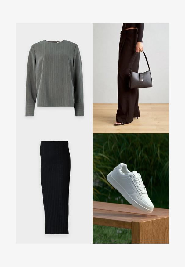 Gråstribet langærmet top med rund halsudskæring og afslappet pasform. Lodrette striber i lysegrå kontrasterer mod den mørkere stoftekstur.; Sort ribbet midi-nederdel med en tætsiddende silhuet, der har lodrette linjer for tekstur. Lavet af et strækbart stof for komfort.; Hvid sneaker med en glat syntetisk overdel, perforeret tåboks, flade snørebånd og en tekstureret sål, præsenteret på en træoverflade.; Sort håndtaske med struktureret form, glat overflade og metalspænde. Sammen med brede sorte bukser og sandaler med åben tå på trægulv.