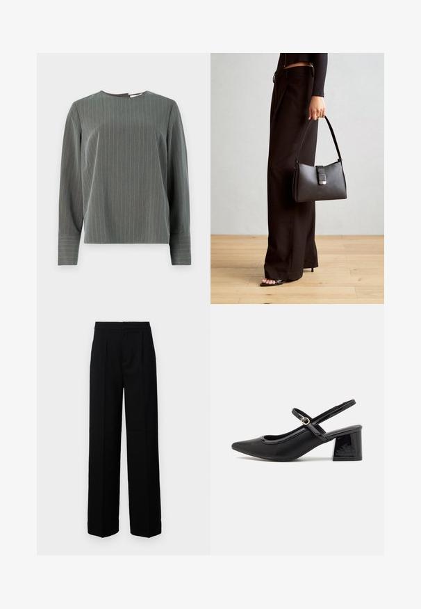 Siva prugasta majica dugih rukava s okruglim izrezom i opuštenim krojem. Vertikalne pruge svijetlosive boje kontrastiraju s tamnijom teksturom tkanine.; Crne hlače širokih nogavica s glatkom teksturom, s ravnim prednjim dijelom, nabranim detaljima i krojenim pojasom. Nema vidljivih metalnih dijelova ili uzoraka.; Crne lakirane slingback visoke potpetice s šiljastim vrhom, zaobljenim izrezom i blok potpeticom. Sadrži akcent zlatnog tona s kopčom.; Crna torba s oblikom koji sadrži strukturu, glađu teksturu i metalnu kopču. Uparena s širokim crnim hlačama i sandalama na otvorenom s drvenog poda.