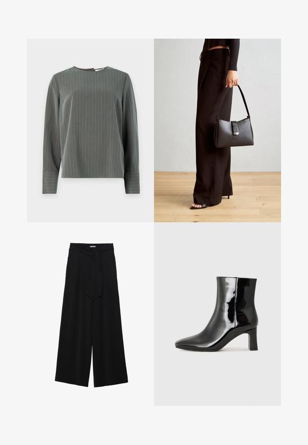 Graues gestreiftes Langarmoberteil mit Rundhalsausschnitt und lockerer Passform. Vertikale Streifen in Hellgrau stehen im Kontrast zur dunkleren Gewebestruktur.; Schwarze weite Hosen aus strukturiertem Stoff, mit elastischem Bund und einem abnehmbaren Bindegürtel in der Taille für eine verstellbare Passform.; Schwarzer Lackleder-Stiefelette mit spitzer Zehe und einem mittelhohen Blockabsatz. Glatte Textur und minimalistisches Design.; Schwarze Handtasche mit strukturierter Form, glatter Textur und einem metallischen Verschluss. Kombiniert mit weiten schwarzen Hosen und offenen Sandalen auf einem Holzboden.