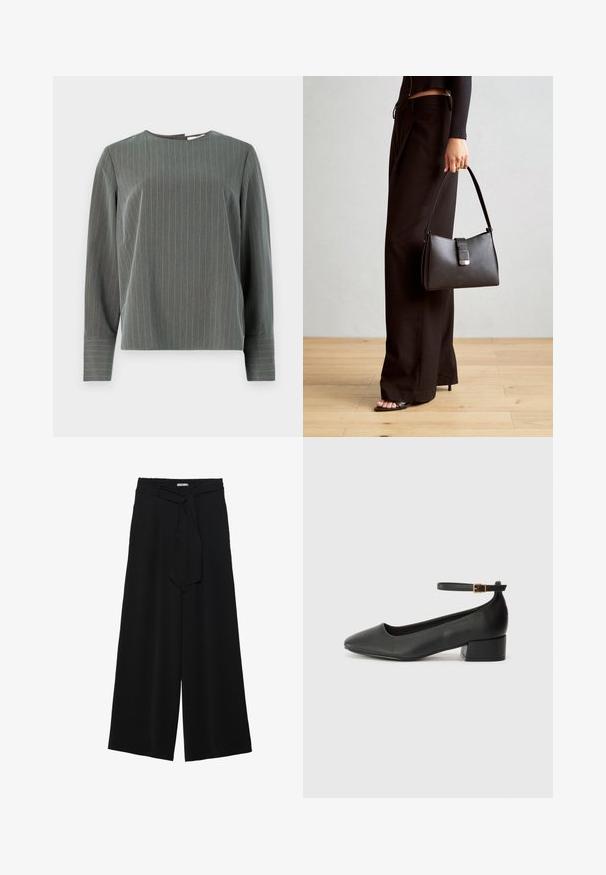 Gråstribet langærmet top med rund halsudskæring og afslappet pasform. Lodrette striber i lysegrå kontrasterer mod den mørkere stoftekstur.; Sorte vide bukser i en tekstureret stofkvalitet, med elastisk talje og et aftageligt bånd i taljen for justerbar pasform.; Sorte læderpumper med spids tå og en lav blokhæl. Har en ankelrem med en guldfarvet spænde. Glat tekstur.; Sort håndtaske med struktureret form, glat overflade og metalspænde. Sammen med brede sorte bukser og sandaler med åben tå på trægulv.
